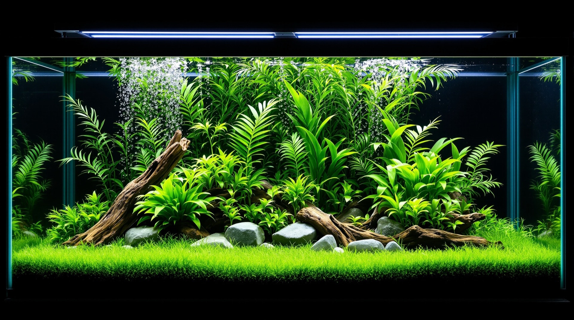 180cm水槽に組まれた水草レイアウトの全景。前景のショートヘアーグラスから後景の有茎草まで密生している。